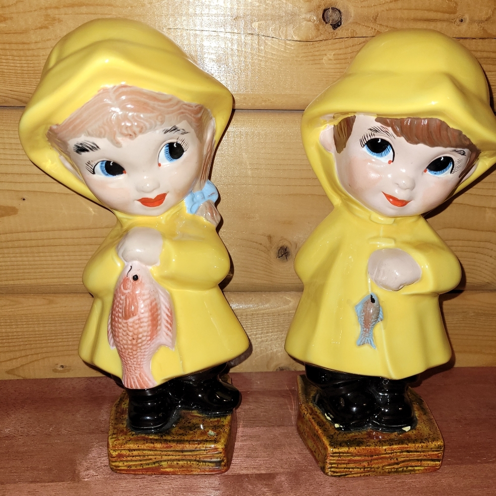 Vintage 1971 Boy & Girl Fishing Yellow Raincoat Figurines by Barb Baldwin Gare